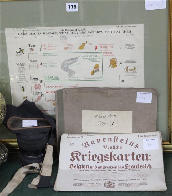 A framed gas attack poster, gas mask and WWI flight book, German map of Belgium